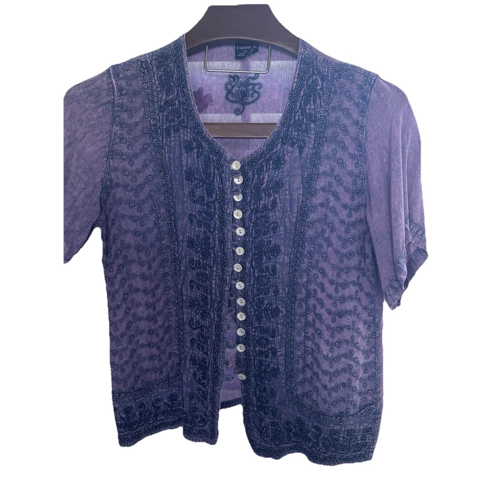 Vintage Brand S/M Boho Chic Button Front Embroidery Textured Short Sleeve Plum